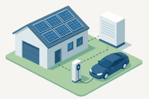 Animation eines Gebäudes mit Solarmodulen. Neben dem Haus steht ein Auto, tankend an einer Wallbox.