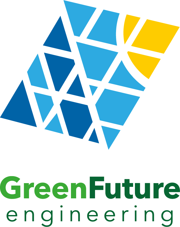 Green Future Engineering Logo - Grafik eines Moduls in blauen Tönen mit etwas gelb. Schriftzug GFE in grün.