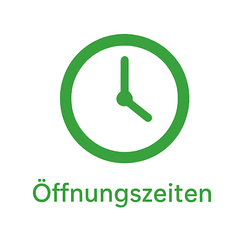 Grünes Clock-Icon mit dem Texthinweis: Öffnungszeiten