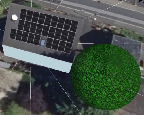 Planungsbild einer PV Simulation. Solaranlage auf Dach in Euskirchen. Daneben steht ein Baum.