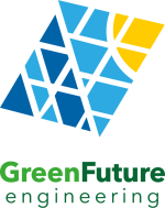 Green Future Engineering Logo - Grafik eines Moduls in blauen Tönen mit etwas gelb. Schriftzug GFE in grün.